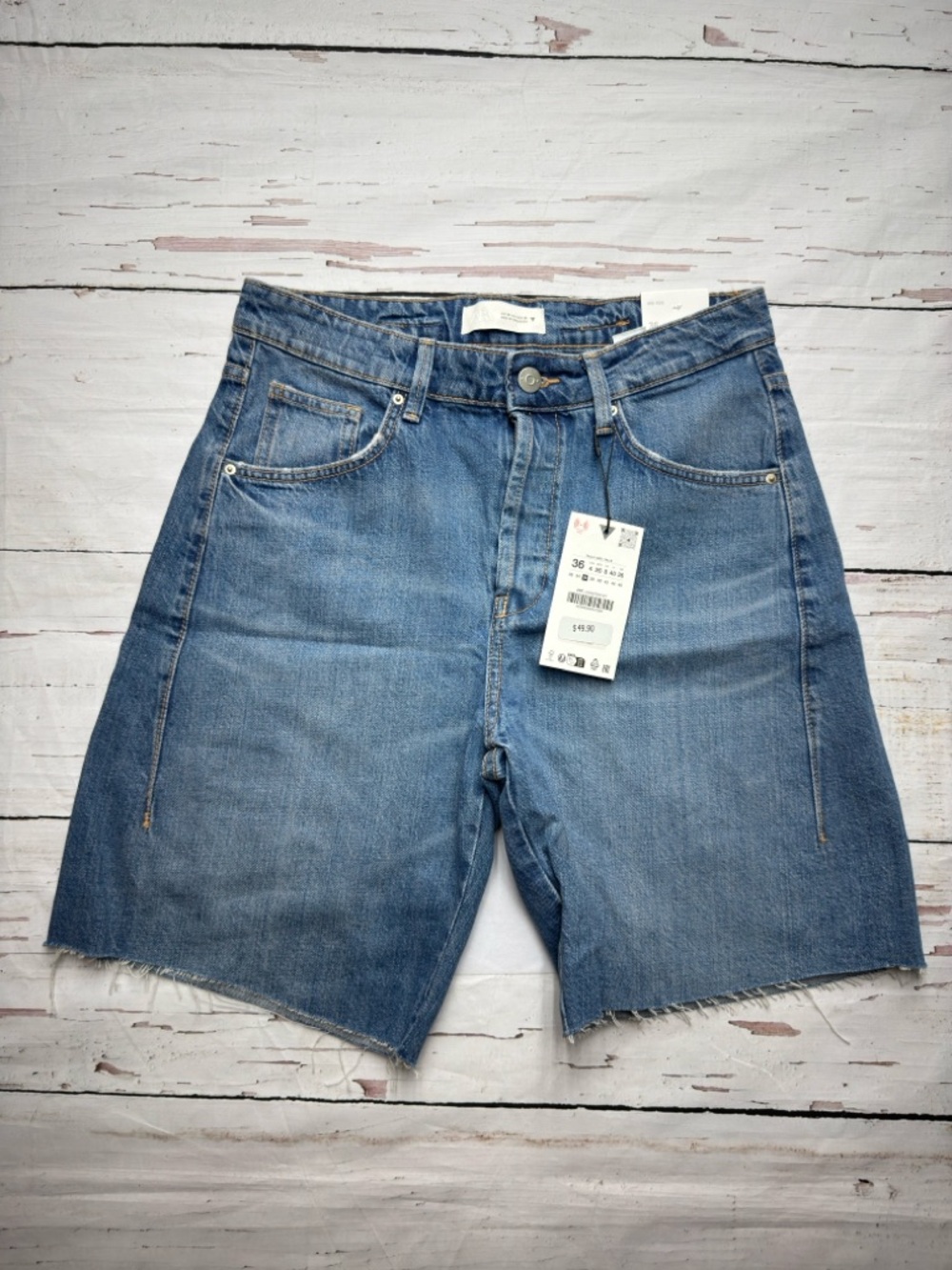 Zara Raw Hem Cinch Back Denim Bermuda Shorts Blue 4 Jorts - Picture 2 of 11